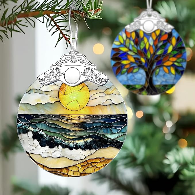 Beach Sunset Stained Glass Ornament, Christmas Ornaments – Christmas Tree Decorations, Holiday Decor, Stocking Stuffer, Gift Idea, Summer Vibes Gift, Gifts for Beach Lover, Friend, and Faimly