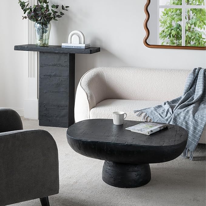 Oval Coffee Table Modern Faux Stone Circle Center Table Accent End Side Table for Living Room, Magnesium Oxide, 36" Black