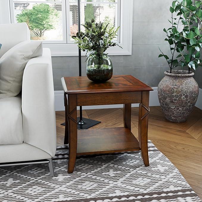 2-Set Solid Wood Side Table with Storage Shelf, Cherry Wood End Tables Living Room, Traditional Style End Table, Vintage Beside Table with Curved Legs for Apartment, Cherry Walnut Accent Table