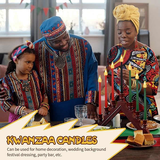 Riakrum 7 Pieces Kwanzaa Candles Set Kwanzaa Flameless Taper Candles Battery Operated for Church Celebration Decoration(10.83 Inches,General Style)