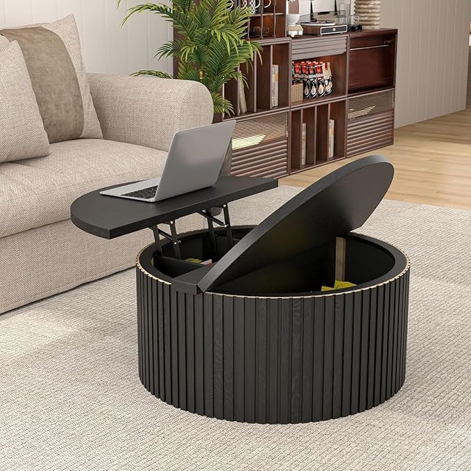 Lift Top Coffee Table with Storage, Round Coffee Tables for Living Room, 34.6In Farmhouse Fluted Coffee Table, Wood Center Table with Large Hiddern Storage Compartment (Black)