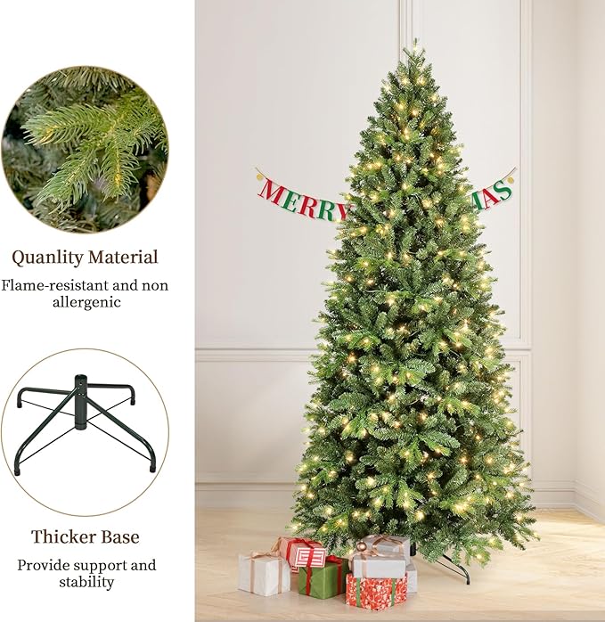 Prelit Artificial Christmas Tree 6ft,Green Spruce Christmas Tree Prelit with 300 Lights, 988 Branches Tips Easy to Assemble for Home Holiday Decorations