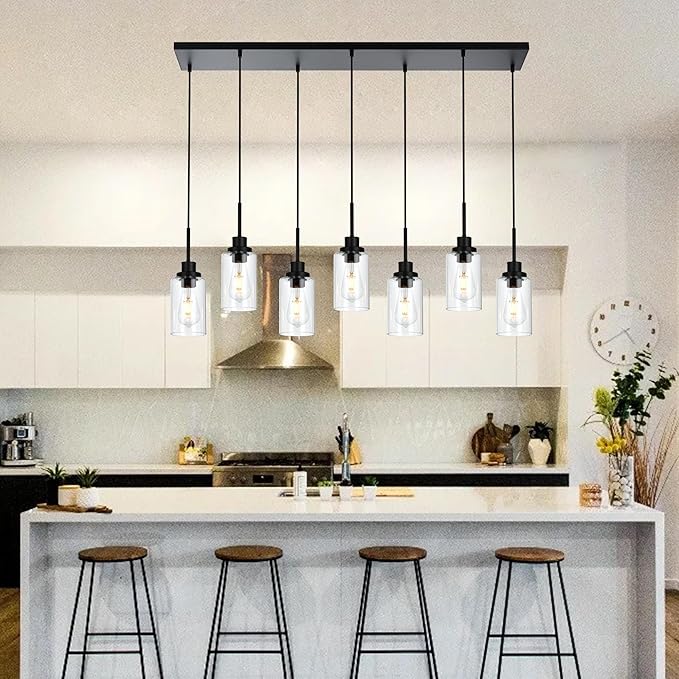 MELUCEE Linear Hanging Pendant Lights with Clear Glass Shade Black Dining Room Light Fixtures Over Table Kitchen Island Lighting, Adjustable Hanging Height