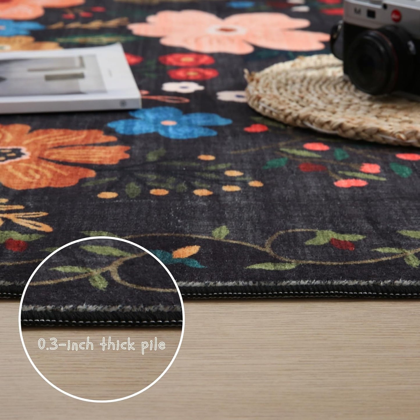 Round Rug 6ft Washable Circle Rug Non Slip Low Pile Boho Floral Small Circular Rug for Bedroom, Bathroom, Entryway, Kids Room, Office, College Dorm(Black)