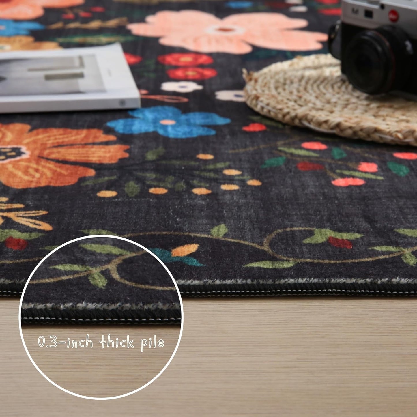 Area Rug 4x6 Rug Washable Boho Rugs Non Slip Low Pile Floral Small Carpet for Bedroom, Bedside, Kids Room, Office, Dining Room(Black)