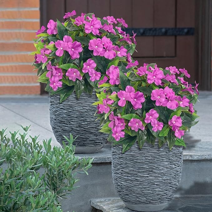 5PCS Artificial Impatiens Bouquet Flowers for Outdoors Silk Faux Flowers for Outdoor Fake Planters UV Resistant Spring Summer Indoor Decor Garden Porch Patio Window Kitchen Balcony, Purple