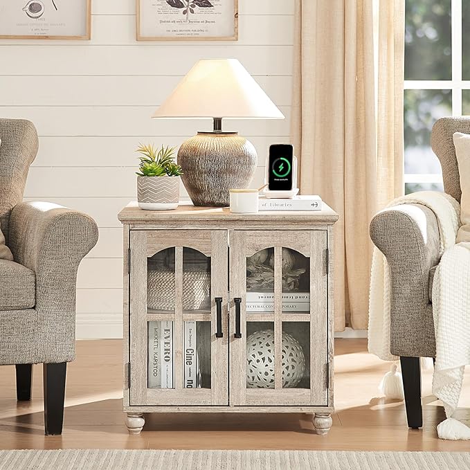 Farmhouse 24" End Table Set of 2 with Charging Station, Large Sofa Side Table with Glass Barn Door,Wood Night Stand with Adjustable Storage Shelf,Square Bedside Table for Living Room,Bedroom