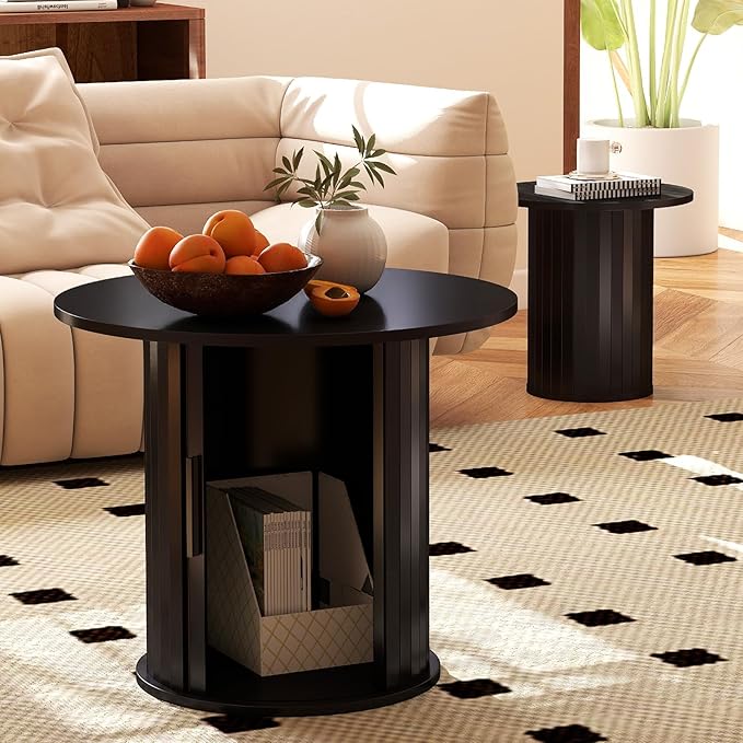 COSVALVE Nesting Coffee Table Set of 2 with Hidden Storage & Sliding Door, Circle Wood Coffee Table, Farmhouse Side & End Table Sets for Living Room, Small Spaces, Black