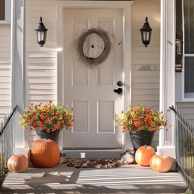 Homsunny Artificial Mums Flowers Outdoors Autumn Decor, Fall Fake Silk Daisy UV Resistant, 12 Bundles Outside Faux Flower Plants for Home Garden Porch Patio Yard Balcony Window (Yellow Brown Orange)