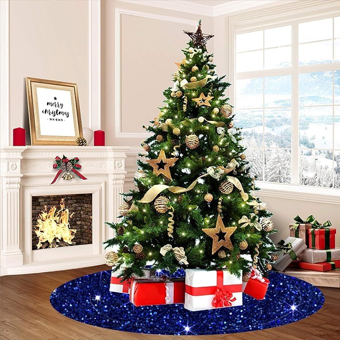 Royal Blue Christmas Tree Skirt 46 Inch Round Sequins Xmas Tree Skirt Sparkling Velvet Tree Skirts Cover Shimmer Tree Floor Mat Embroidered Tree Skirts for Christams Tree New Year Decor