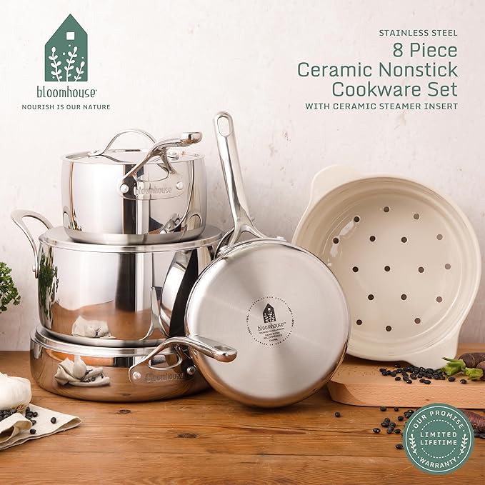 Bloomhouse - Two Time Oprah's Favorite Things Winner - 8 Piece Triply Stainless Steel Pots and Pans Cookware Set W/Grey Non Toxic Pro Ceramic Non Stick Interior