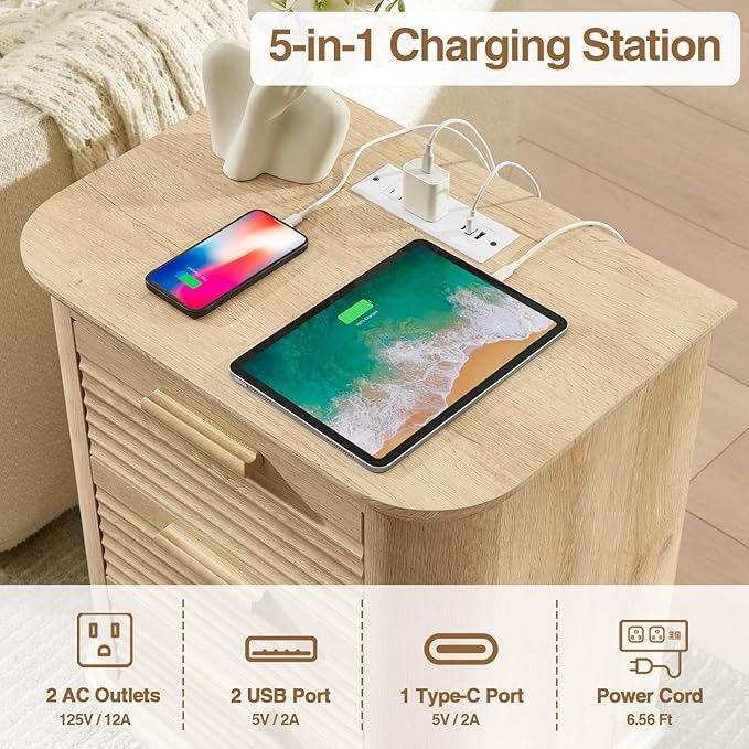 Okvnbjk 22" Wide Fluted Nightstand with Charging Station, Modern End Table for Living Room, Bedroom, Home Office, Wood Curved 3 Drawer Dresser, Large Bedside Tables, Oak