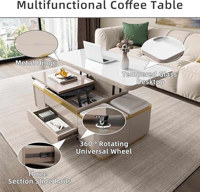 Lift Top Coffee Table with 4 Storage Stools for Living Room, Modern Stylish Convertible Dining Table for 4-6 People, 3 in 1 Multi-Functional Coffee Table, Easy Assembly- White