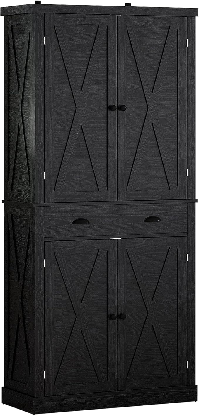 IRONCK Kitchen Pantry Storage Cabinet 72.6" H, with Barn Doors, Drawer, 4 Adjustable Shelves, Freestanding Cupboard for Dining Room Living Room, Laundry, Black
