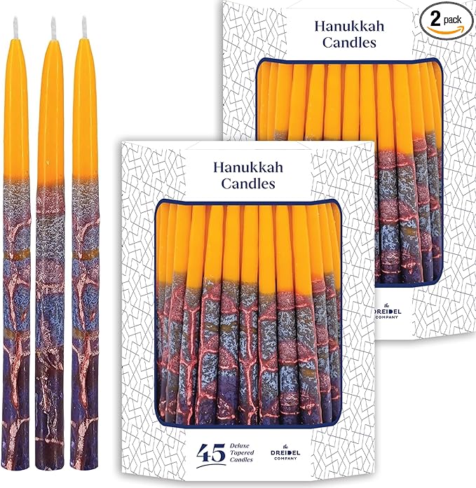 The Dreidel Company 2-Pack Dripless Chanukah Hanukkah Candles Decorative Purple, Blue, Orange, with Orange Frosted Stripes, 45 Candles