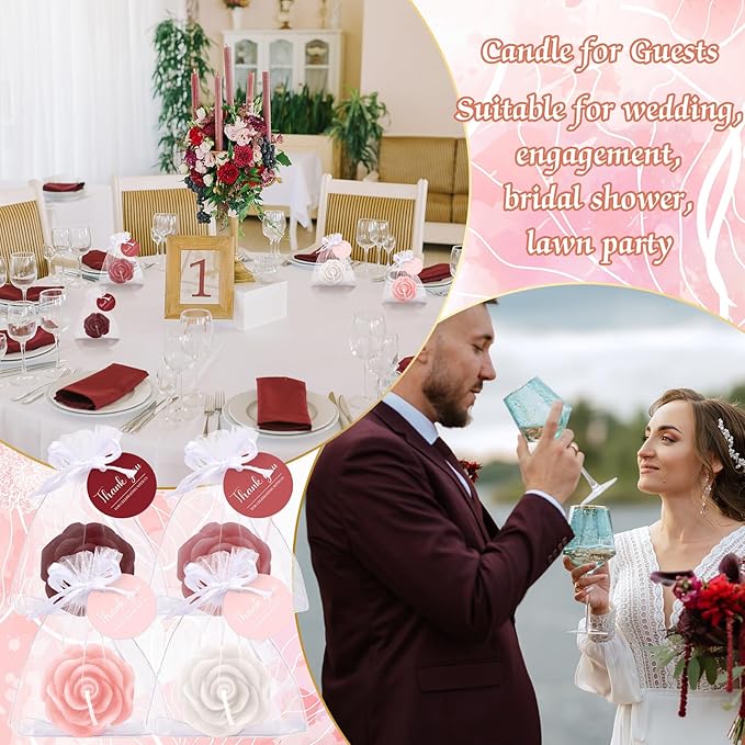 Treela 24 Setflower Candles Wedding Favor for Guests Mini Burgundy Rose Shaped Tealight Candles for Return Gift Wedding Birthday Bridal Shower Housewarming Party