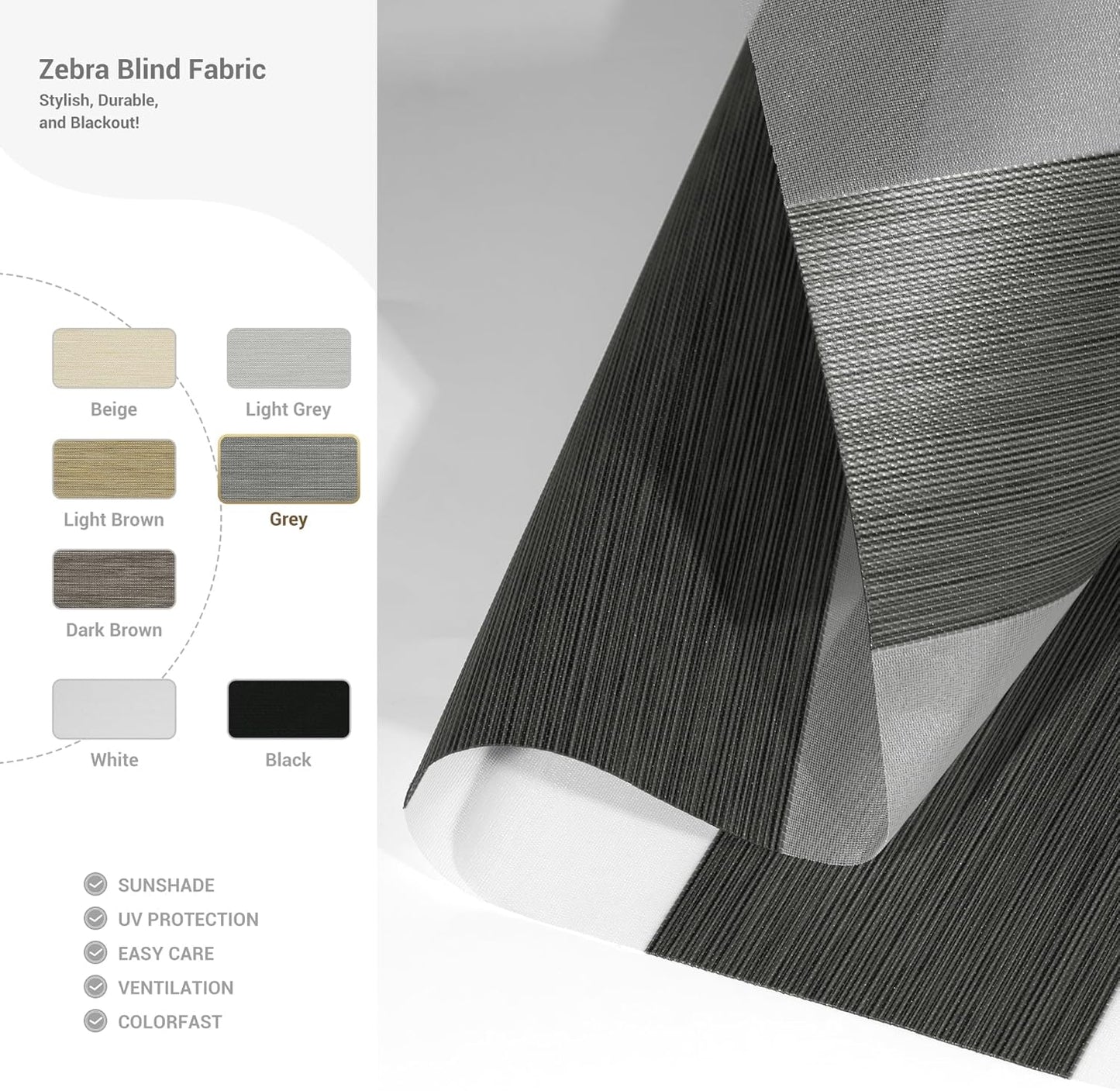 Cordless Zebra Blinds for Windows, Blackout Interior Blinds,Easy to Install,UV Protection,for Offices and Home,Custom Roller Shades, Mousse Grey,39" W x 56" H
