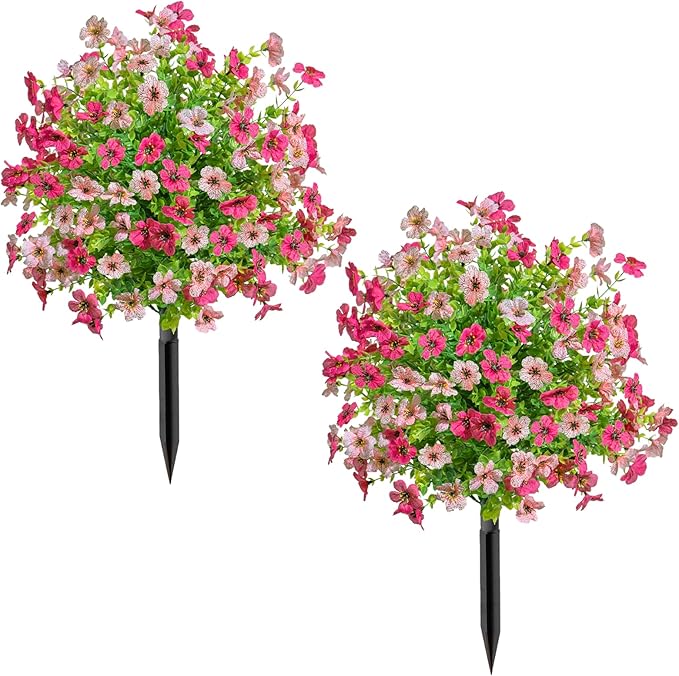 2Pcs 21" Artificial Boxwood Topiary Ball with Flowers Plants with Ground Spikes for Outdoor UV Resistant Realistic Fake Bushes Plants for Garden Yard Front Porch Patio Decor (Violet Pink Rose Red)