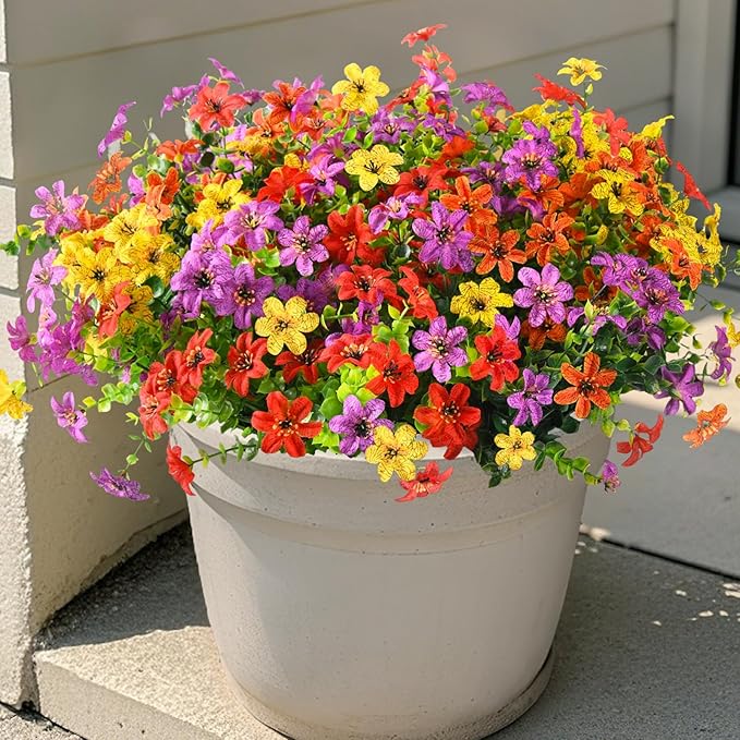 Homsunny Artificial Flowers for Outdoors Spring Home Decoration, 12 Bundles Realistic Faux Flower Daisy with Eucalyptus Stem UV Resistant Fake Plants for Patio Planter Porch Yard Window (4 Colors)
