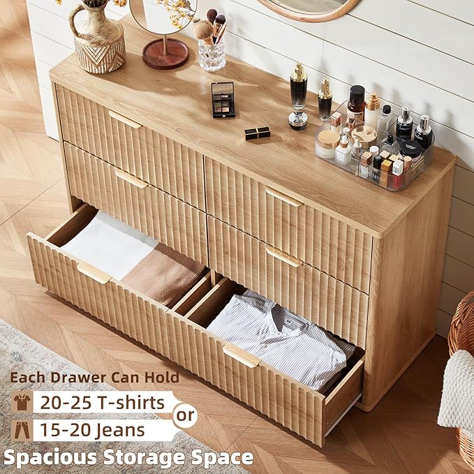 LEYAOYAO Fluted 6 Drawers Dresser, 48" Wide Modern Chest of Drawers with Wood Grain Top, Curved Profile Design, Dresser TV Stand, Wood Drawer Organizer for Bedroom, Living Room, Hallway,Natural