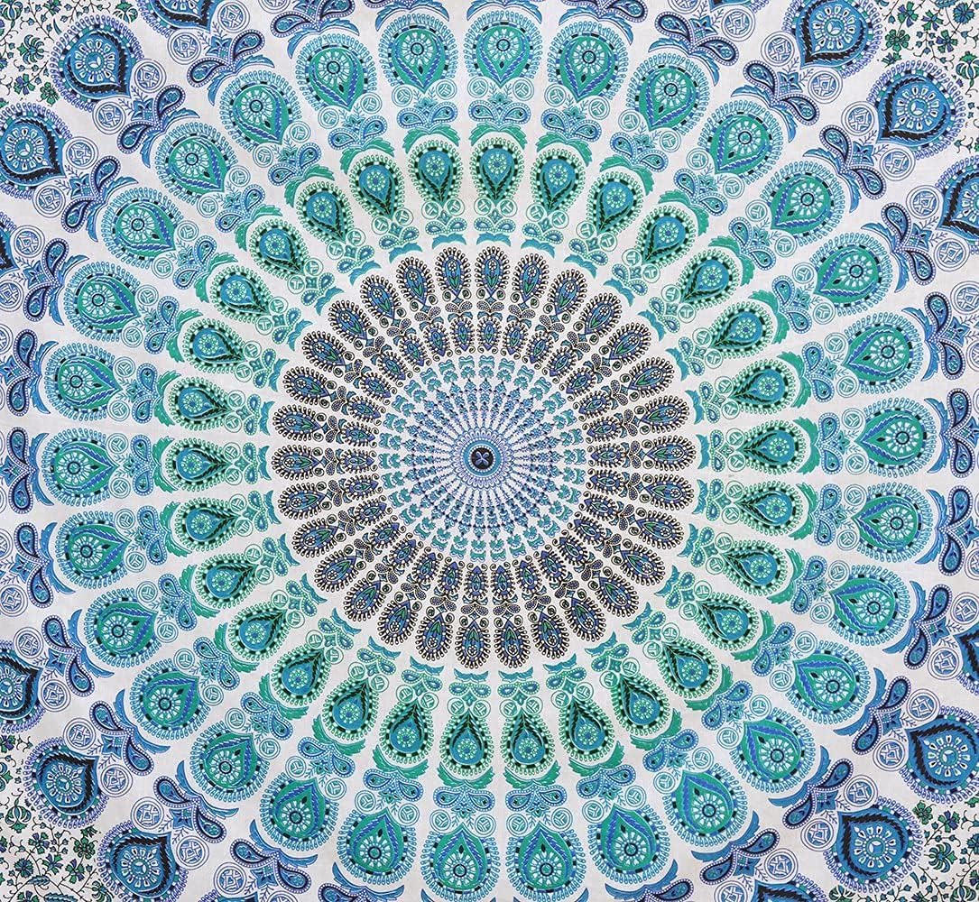 Bless International Handmade Indian hippie Bohemian Psychedelic Peacock Mandala Wall hanging College Dorm Beach Throws Table Cloth Bedding Tapestry (Peacock Sky Blue, King(88x104Inches)(225x265Cms))