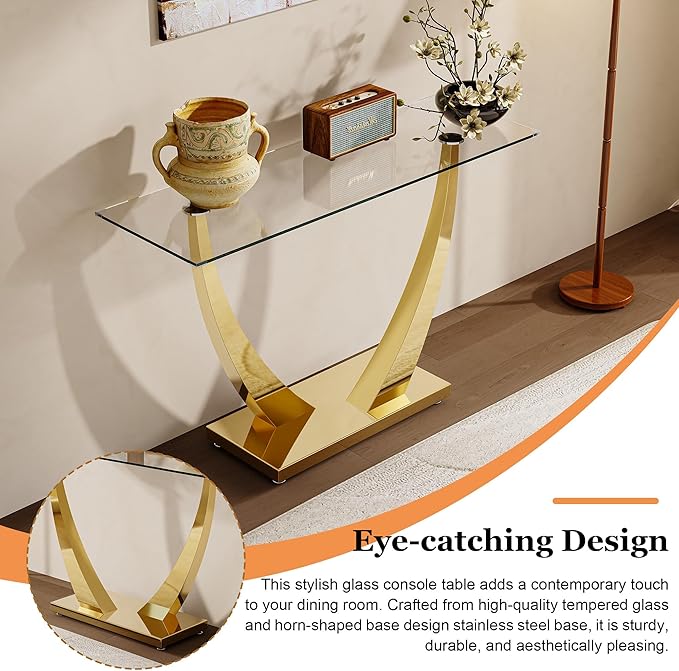 47" Glass Console Table, Modern Rectangular Sofa Table with Tempered Glass Top and Gold Horn-Shaped Stainless Steel Base for Living Room, Entryway, Hallway