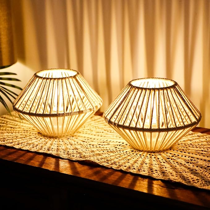 TRIROCKS Woven Cotton Rope Table Lamp Set of 2, 5" Cordless Battery Operated Desk Lamp, Boho Wireless LED Lamps for Indoor/Outdoor Bedroom Living Room Weddings Parties Patio Events