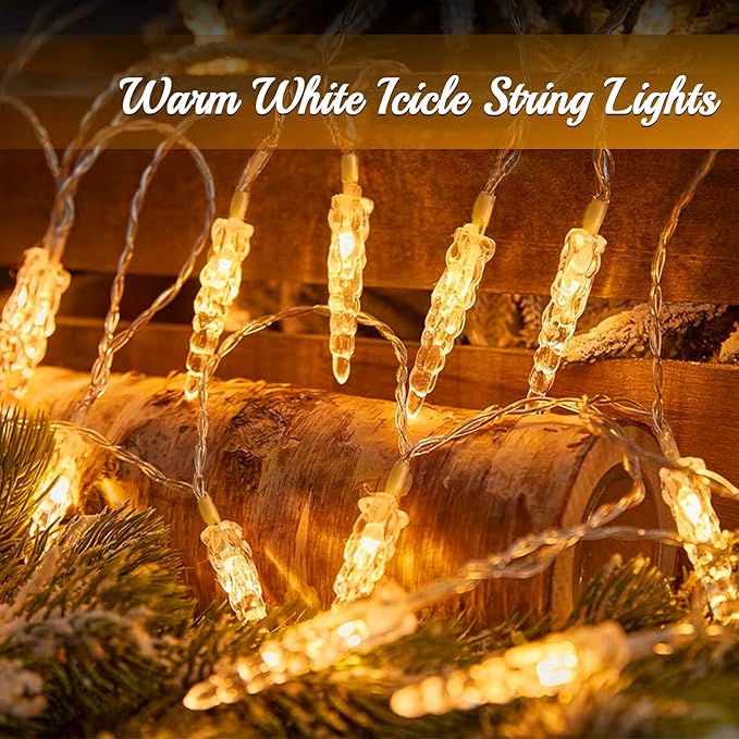 Christmas Icicle Light，19.6ft 40 LED Warm White Icicle String Lights Indoor, Hanging Icicle Christmas Lights for Eave Holiday Garden Indoor Outdoor Xmas Decorations