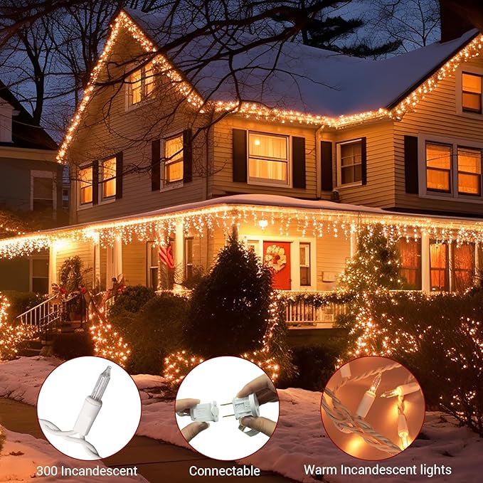 new one 2 Pack Icicle Christmas Lights for Outside Warm White 17.67FT 300 Incandescent Lights, Connectable String Lights with White Wire, 54 Drops