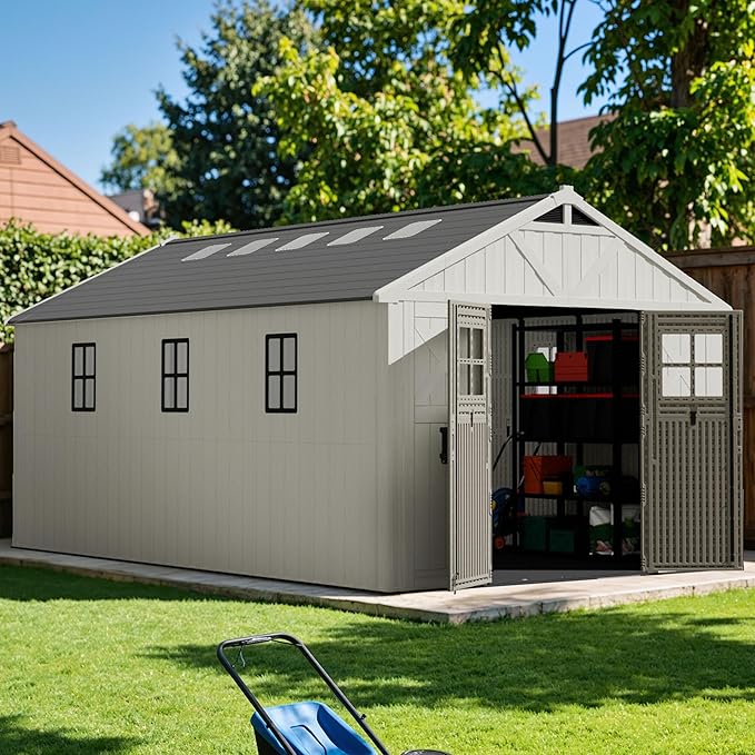Devoko 10x16 FT Resin Outdoor Storage Shed with Floor, Plastic Tool Garden Shed with Windows & Lockable Door, Outside Large Storage Shed for Patio Backyard Lawn, Beige