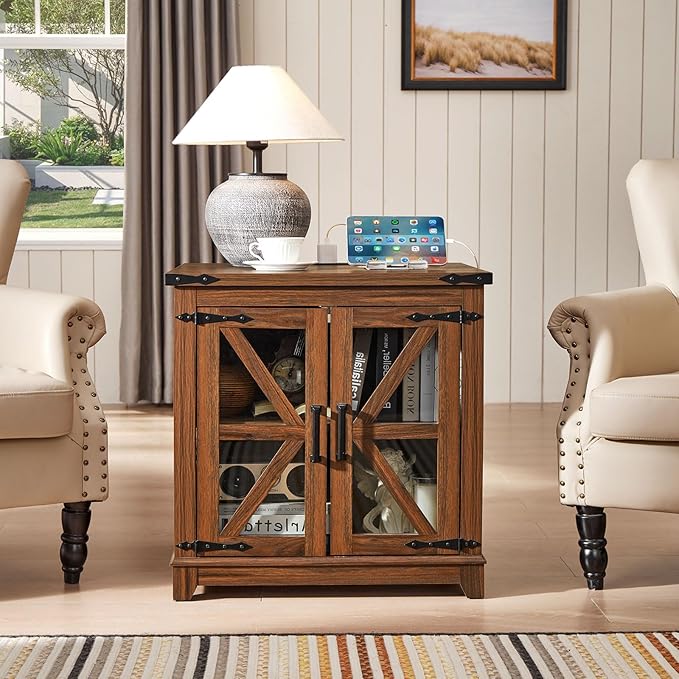 Farmhouse End Table,24" Large Sofa Side Table with Charging Station Glass Barn Door,Wood Nightstand with Adjustable Storage Shelf,Square Bedside Table for Living Room,Bedroom,Office-Brown