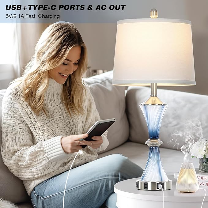 Blue Glass Table Lamp with USB C+A Ports & AC Outlet,Coastal Bedside Lamp for Night Stands Bedroom Living Room,Nightstand Lamp LED Bulbs Included,Single Blue