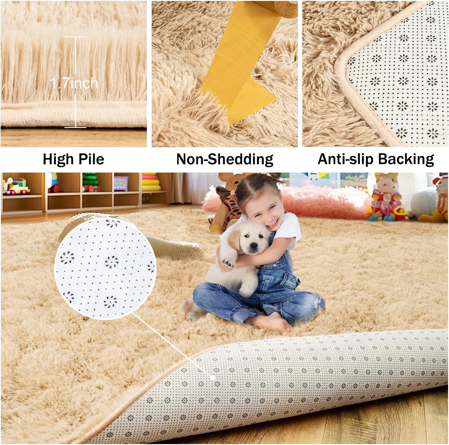 Rezutan Fluffy Rug for Living Room Bedroom,Soft Large Comfy Modern Shaggy Fuzzy Kids Rug for Living Room, Plush Indoor Nursery classroo Home Decor Bedside with Non-Slip Bottom,Camel, 8X10 Feet