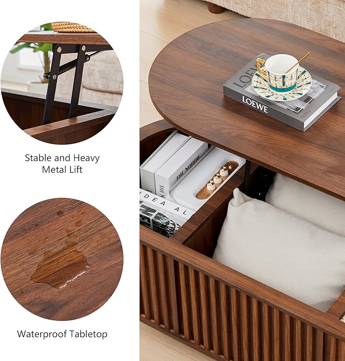 Oval Lift Top Coffee Table with Storage, 43.3”Mid Century Modern Center Table with Hidden Compartment, Fluted Wooden Lift Tabletop Dining Tables for Living Room Apartment Home Office,Walnut