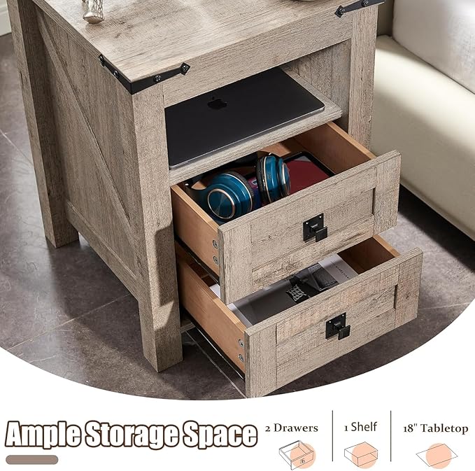 T4TREAM Farmhouse Nightstand Set of 2 with Charging Station, Rustic End Table with 2 Drawers, Storage Open Shelf for Bedroom, Living Room, Wood Side Table, Light Rustic Oak
