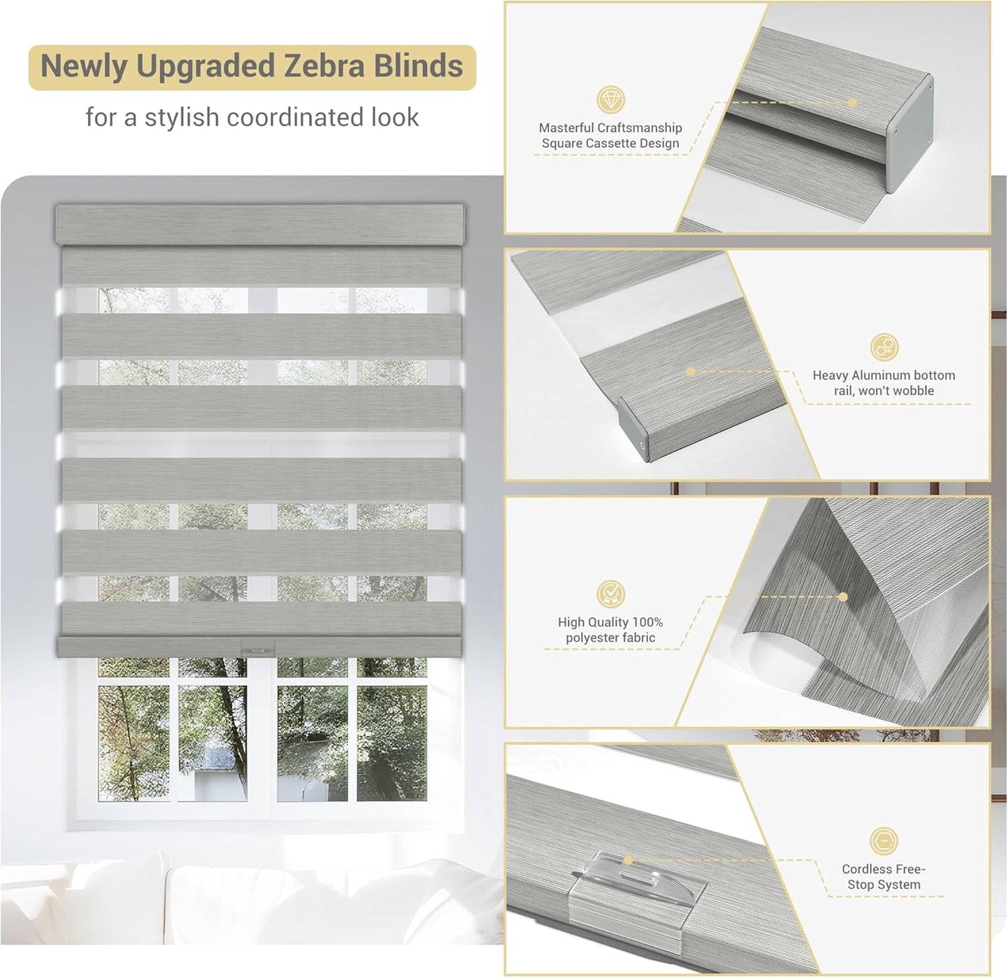 Cordless Zebra Blinds for Windows, Blackout Interior Blinds,Easy to Install,UV Protection,for Offices and Home,Custom Roller Shades, Mousse Light Grey,74" W x 36" H