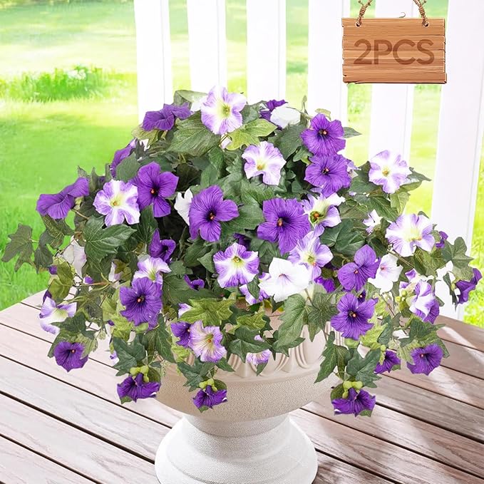 Artificial Fake Flowers Plants for Outdoors Decoration 2PCS No Fade Faux Petunias UV Resistant Realistic Silk Flowers for Home Garden Balcony Yard Porch Deco (Purple White)