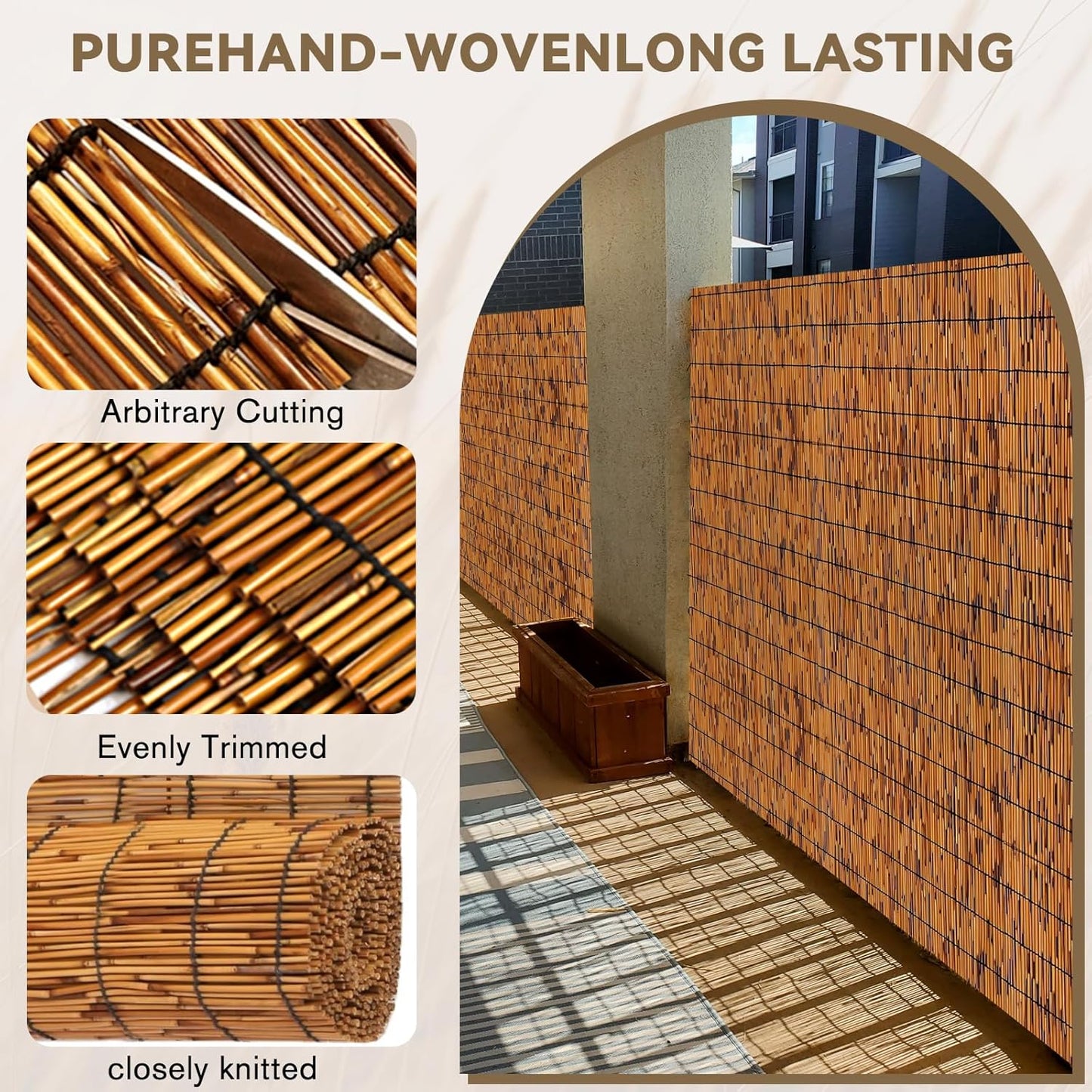 Bamboo Privacy Fence, Decorative Bamboo Fence Rolls 6 Feet High, Light Russet Reed Screens Outdoor for Patio Garden Backyard Balcony, 6 x 10 FT
