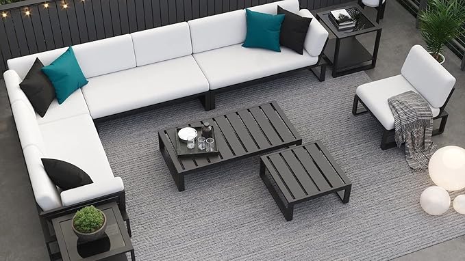 Modern Kore Outdoor Retangular Coffee Table with Powder Coated Aluminum Frame in Black