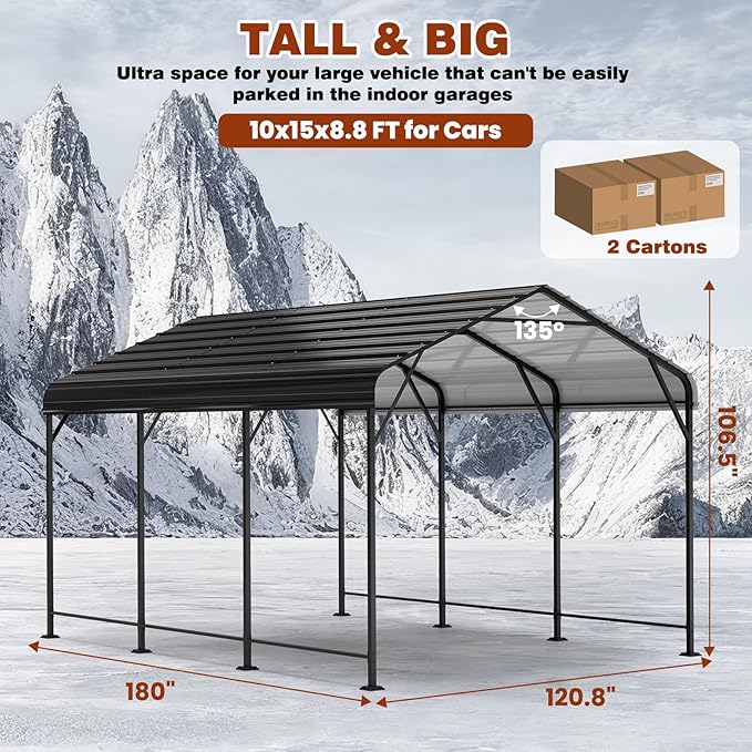 LEVELEVE 10x15 FT Heavy-Duty Metal Carport, Galvanized Steel Car Canopy with Reinforced Base Frame, Outdoor Shelter for Cars, Trucks, Boats, Tractors & RV