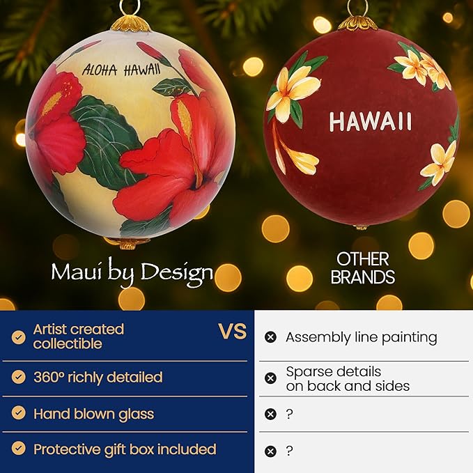 Collectible Hawaii Christmas Ornament Hibiscus Hand Painted from Inside The Glass, with Protective Gift Box, RH/H