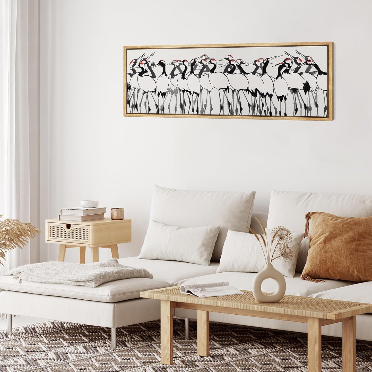 MUDECOR Large Framed Canvas Print Wall Art Minimalist Crane Flock Japanese Ink Style Bird Illustrations Decorative Colorful Multicolor for Bedroom - 60"x20"