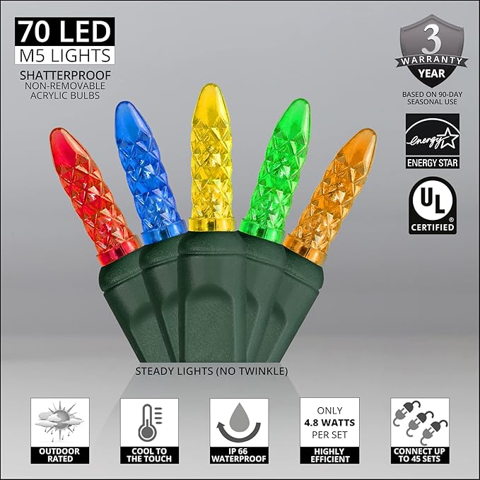 M5 LED Mini Ice Multicolor Prelamped Light Set, Green Wire - 70 M5 Multi Color LED Christmas Lights, 4" Spacing