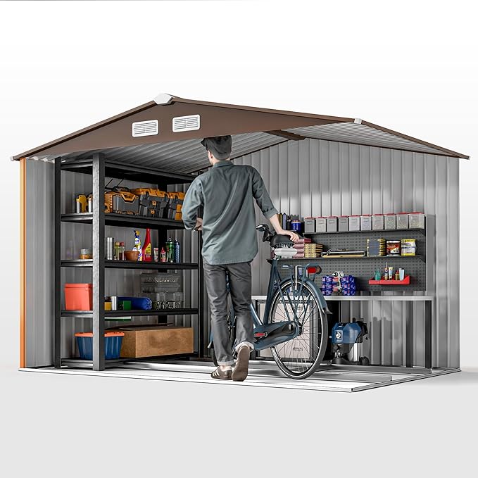 Outsunny 9' x 6' Outdoor Storage Shed, Garden Tool Metal Shed with Foundation Kit, Double Lockable Door, Air Vents and Sloping Roof, for Backyard, Patio, Lawn, Yellow