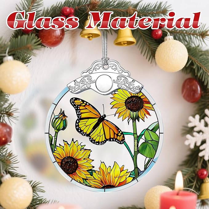 Butterfly & Sunflower Stained Glass Ornament, Christmas Ornaments, Christmas Tree Decorations, Holiday Decor, Holiday Present, Butterfly Themed Gifts, Gift Ideas & Xmas Gifts