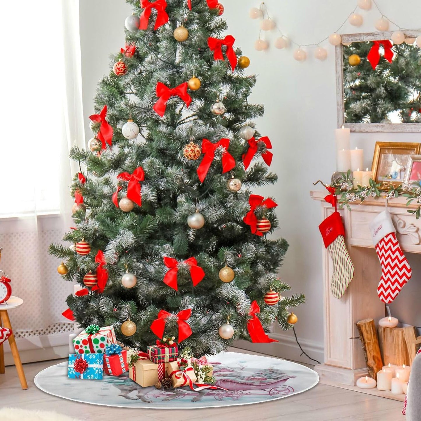 Christmas Tree Skirt - 36 Inch Santa Claus Pink Reindeer Xmas Tree Mat for New Year Party Decorations