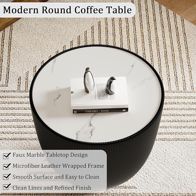 19.69" Black Round Coffee Table, Drum Coffee Table with Sintered Stone Tabletop and Fluted PU Leather Covered and Metal Base, Circle Cocktail Tea Table for Living Room