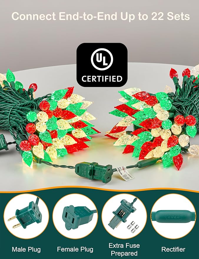 BOHON Red White and Green Christmas Lights Outdoor, Faceted C6 50ft 100 LED String Lights Plug in, Extendable Green Wire Christmas String Lights for Indoor Patio Xmas Tree Decoration