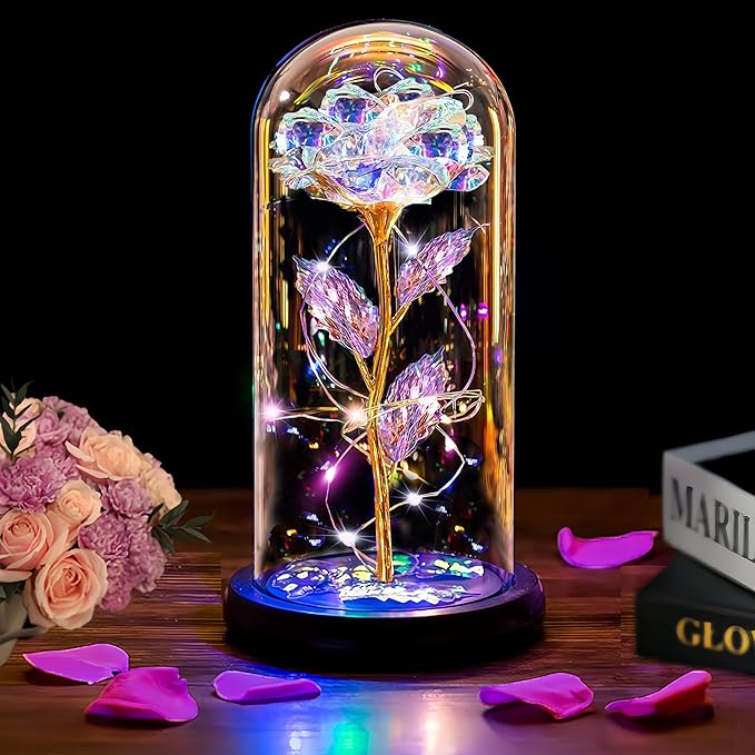 Christmas Rose Gifts for Women Mom, Womens Gifts for Christmas, Glass Flower Gifts for Sister, Rose Enchanted Crystal Flower Gift Light Up in Glass Dome,Birthday Gift for Women Wife Gold