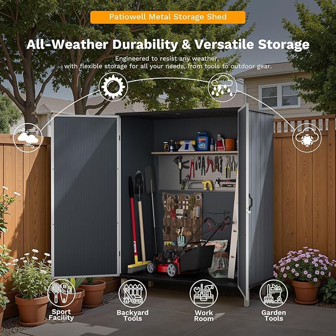 Patiowell Plastic Outdoor Storage Shed, 5 x 3 FT Patio Outdoor Storage Cabinet with Stable Roof & Lockable Doors, Waterproof Resin Shed for Tools, Patio Furnitrue Accessories, Dark Gray